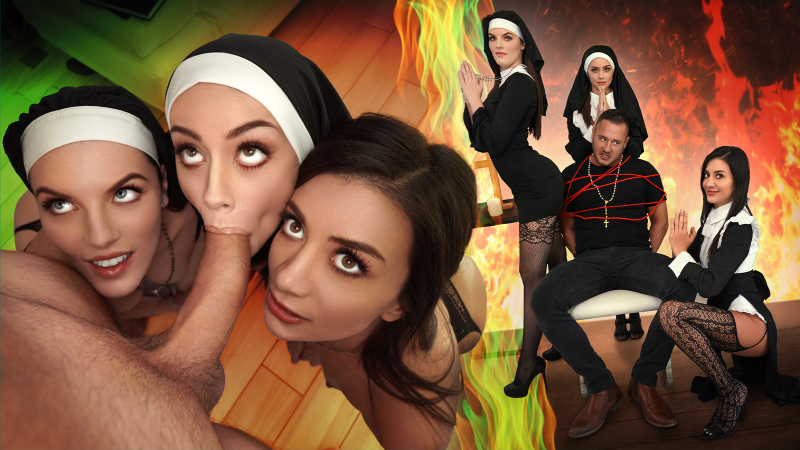 Three Horny Nuns Fuck The Devil Out Of Him
